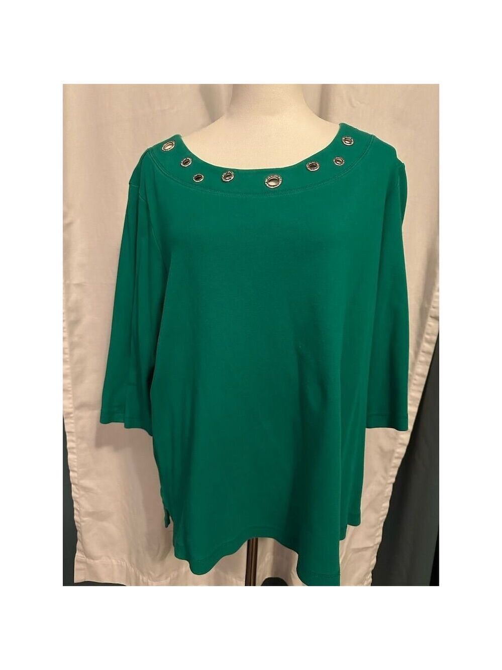 Quacker Factory Women's 2XL Green Rhinestone Grommet Tunic Top 3/4 Sleeve